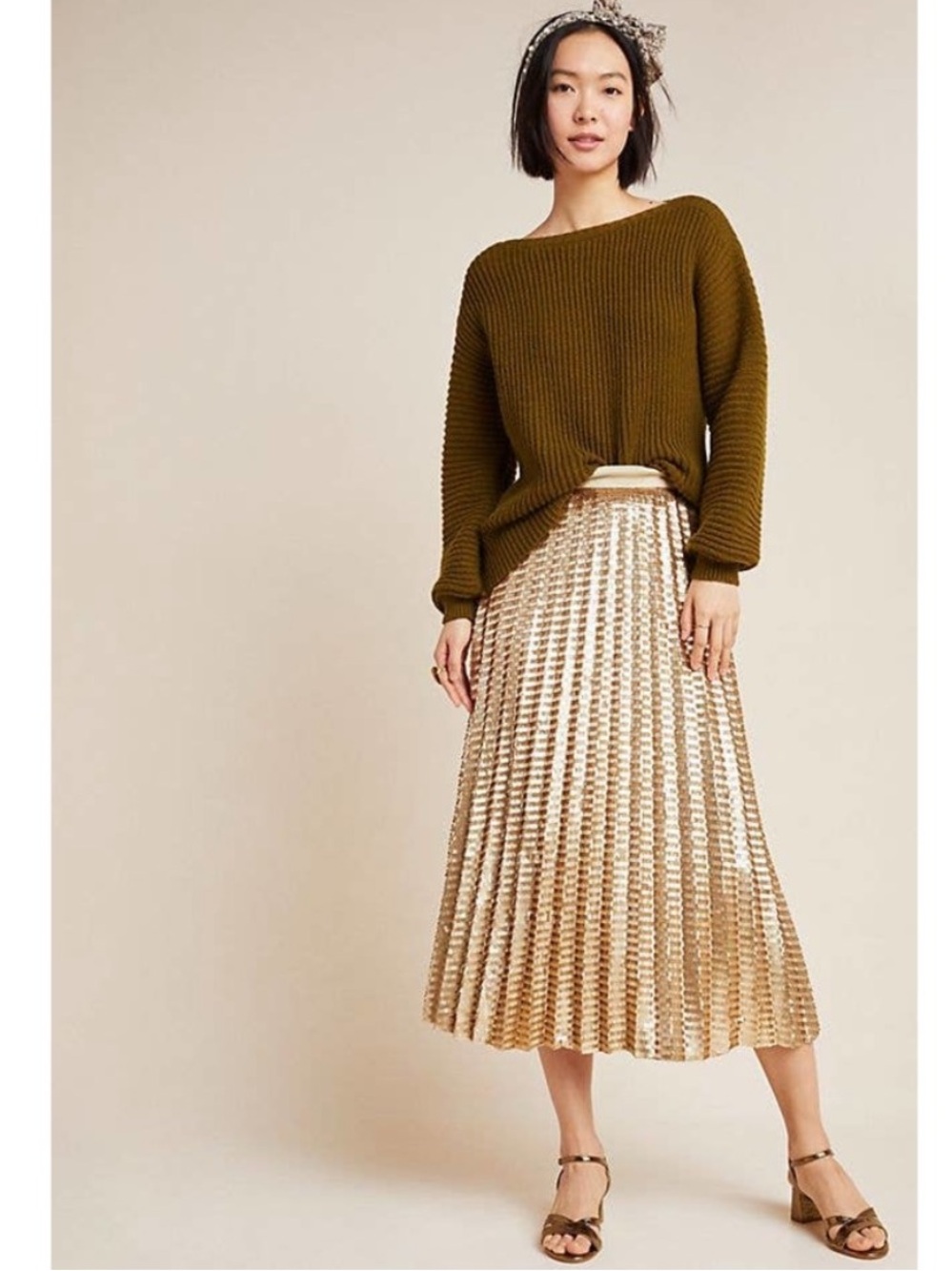 NWT! Maeve Natalia Sequined Midi Skirt in Gold
